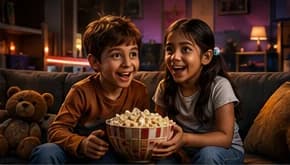 Niños viendo dibujos animados juntos en el sofá