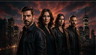 Elenco de una serie de televisión posando en una escena nocturna