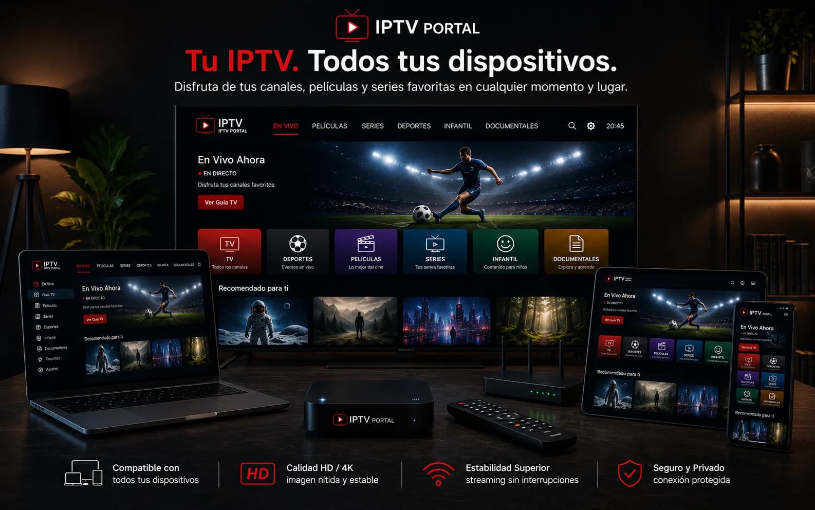 Smart TV, portátil, tablet y móvil mostrando la interfaz de IPTV Portal