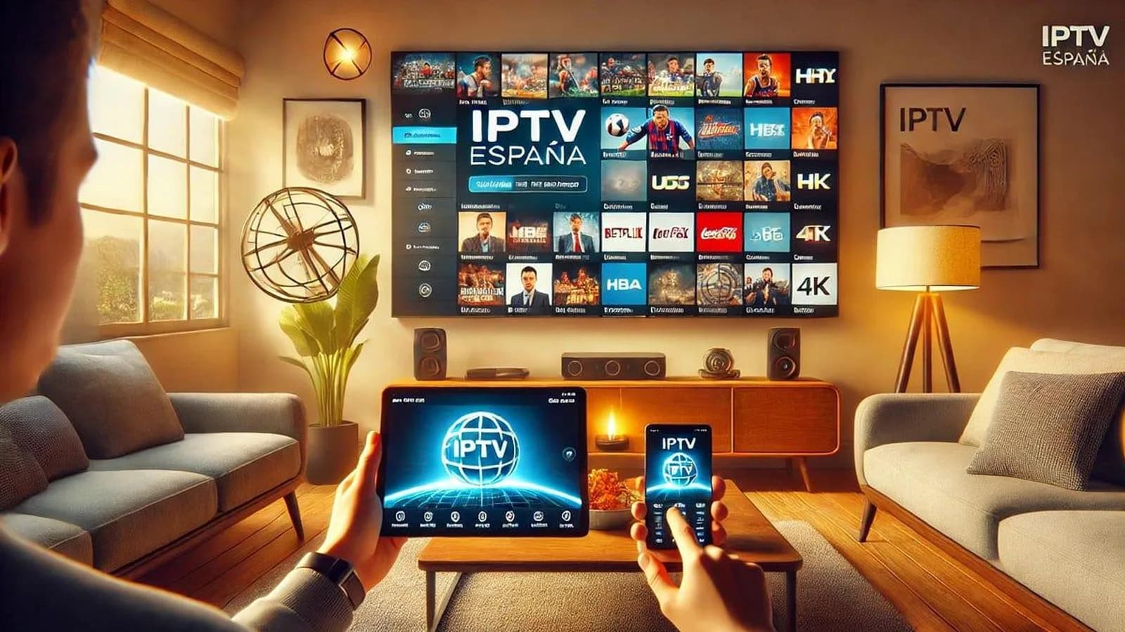 Interfaz de streaming IPTV en una Smart TV en un salón moderno