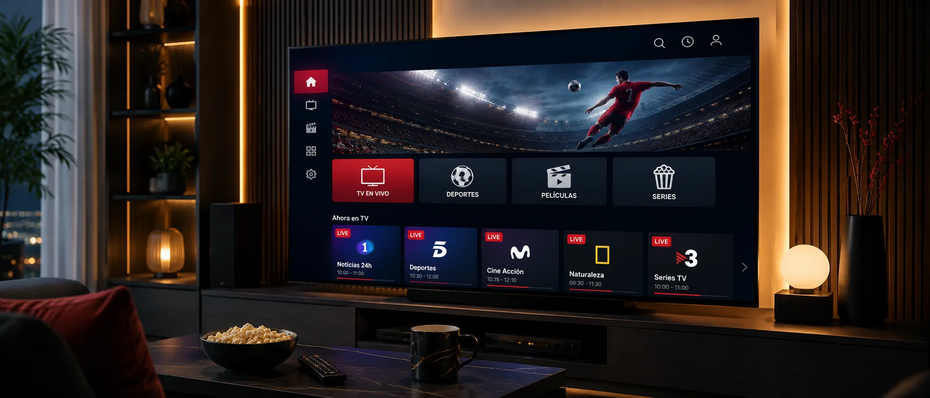 Portal IPTV Player Pro en una pantalla de TV con una interfaz IPTV moderna